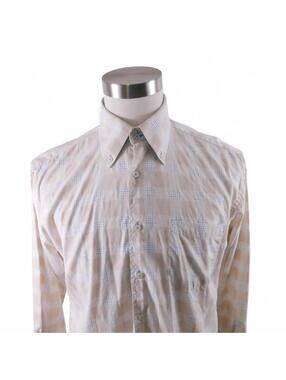 Tommy Hilfiger Mens Cotton Button Down Beige Checkered Plaid Dress Shirt Medium
